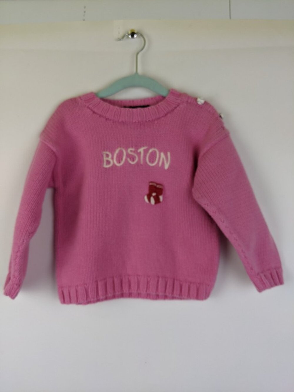Molly Goggles Hand Knit 100% Cotton Pink Boston Red Sox Sweater Girls Size 3